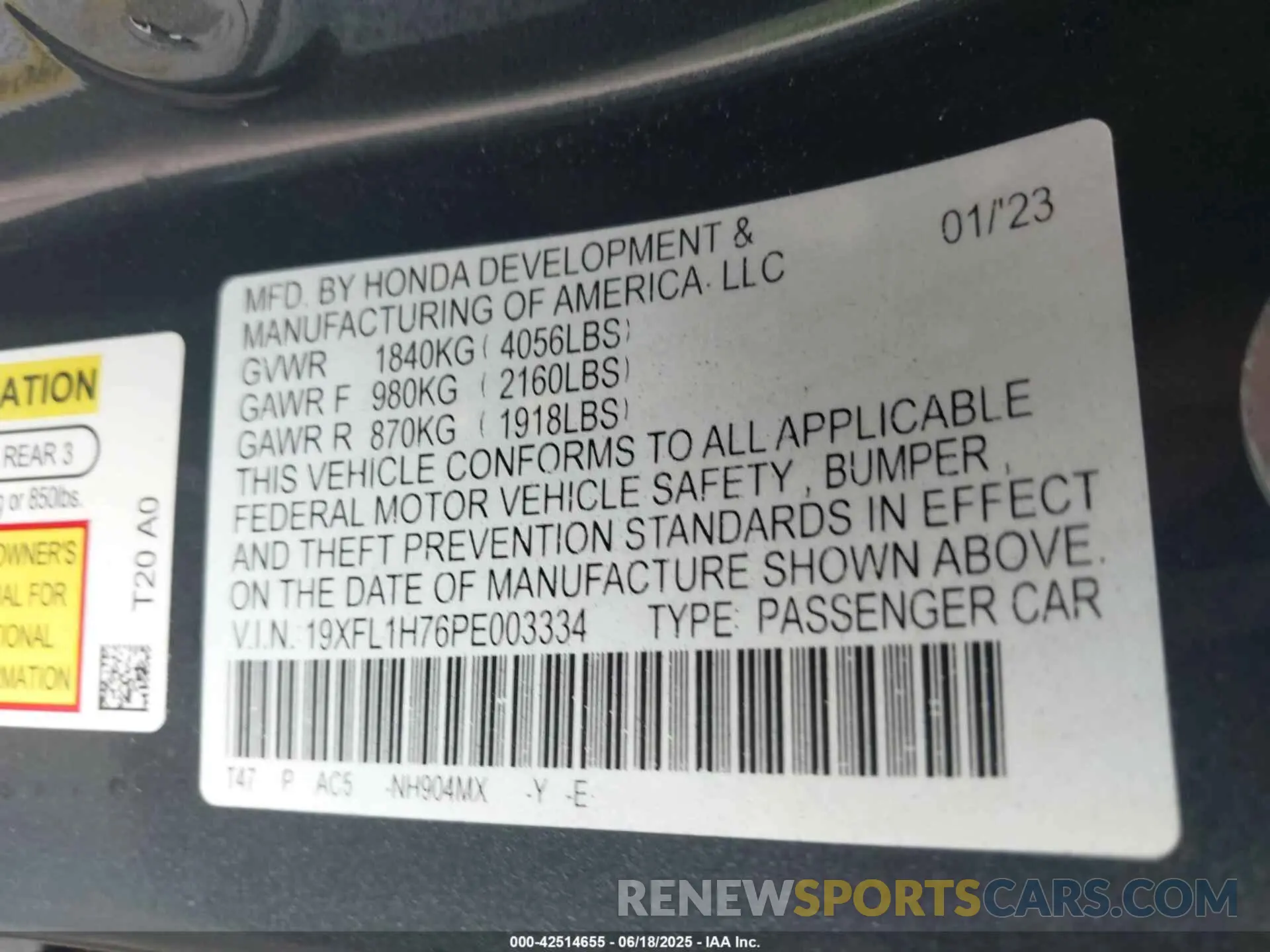 9 fotografías del automóvil dañado 19XFL1H76PE003334 HONDA CIVIC 2023