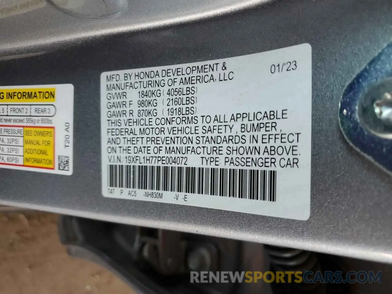 14 fotografías del automóvil dañado 19XFL1H77PE004072 HONDA CIVIC 2023