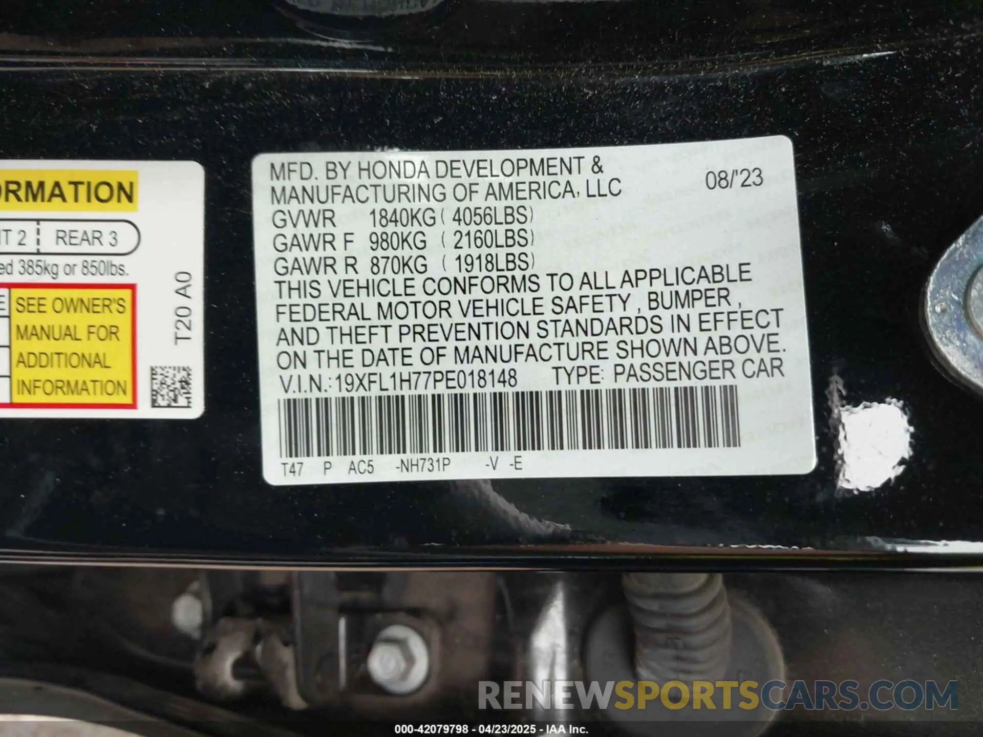 9 fotografías del automóvil dañado 19XFL1H77PE018148 HONDA CIVIC 2023