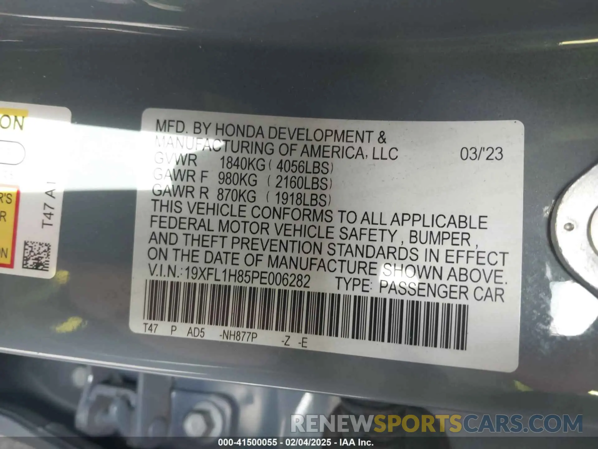9 fotografías del automóvil dañado 19XFL1H85PE006282 HONDA CIVIC 2023