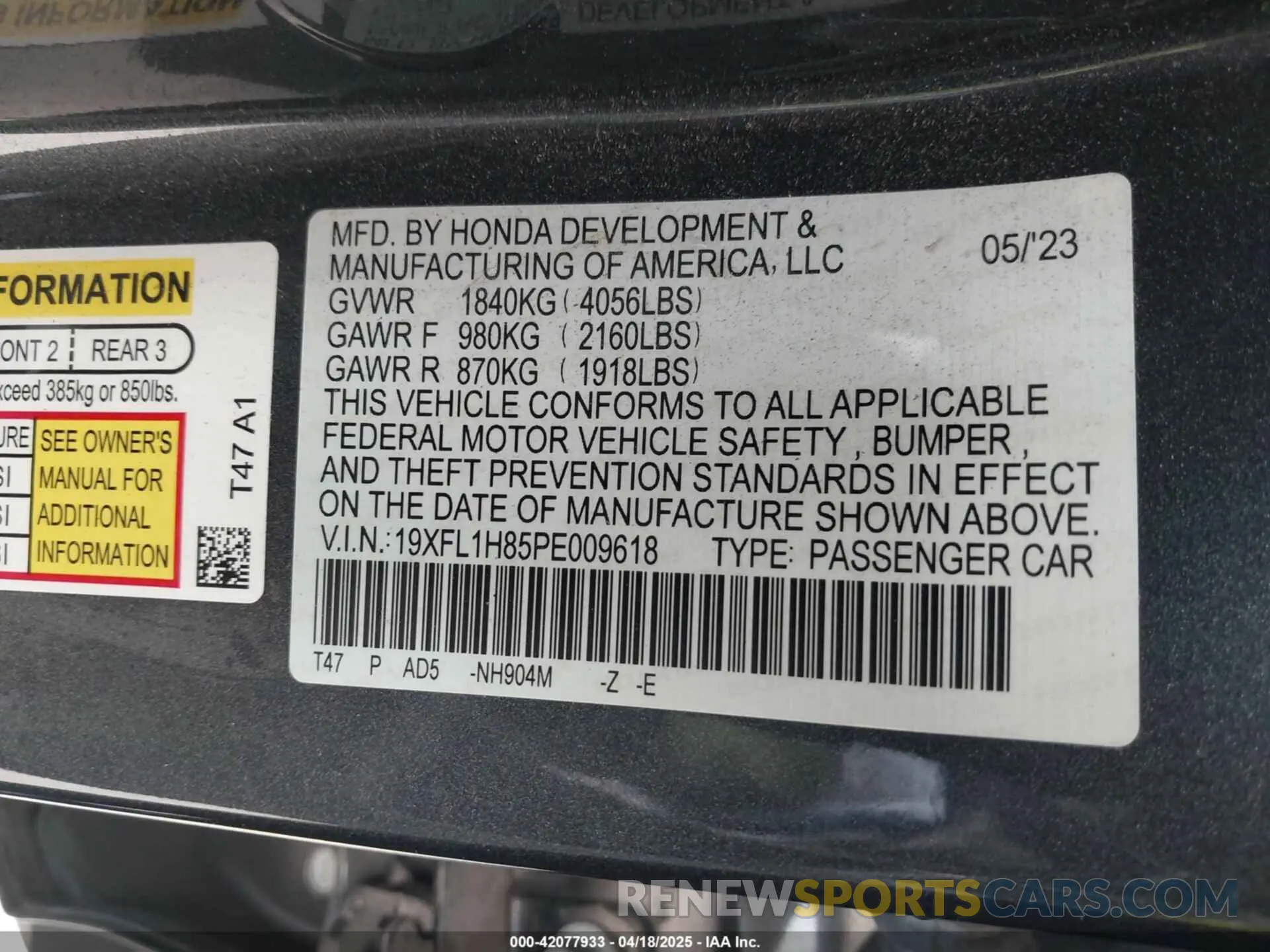 9 fotografías del automóvil dañado 19XFL1H85PE009618 HONDA CIVIC 2023