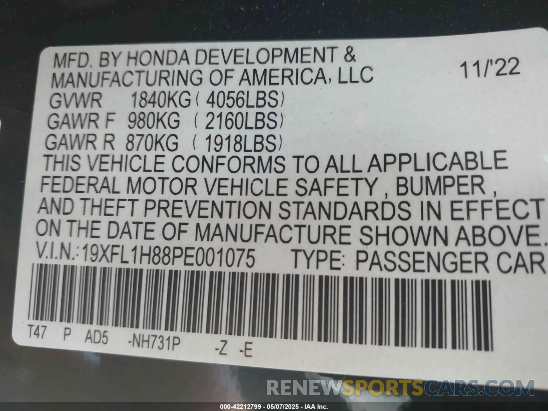 9 fotografías del automóvil dañado 19XFL1H88PE001075 HONDA CIVIC 2023