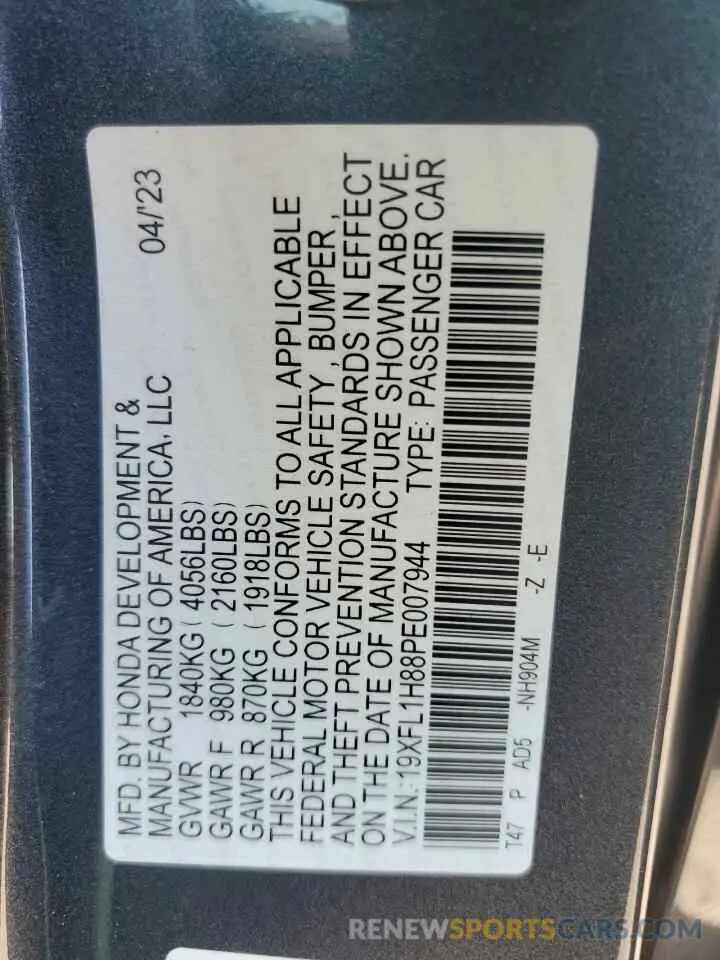12 fotografías del automóvil dañado 19XFL1H88PE007944 HONDA CIVIC 2023