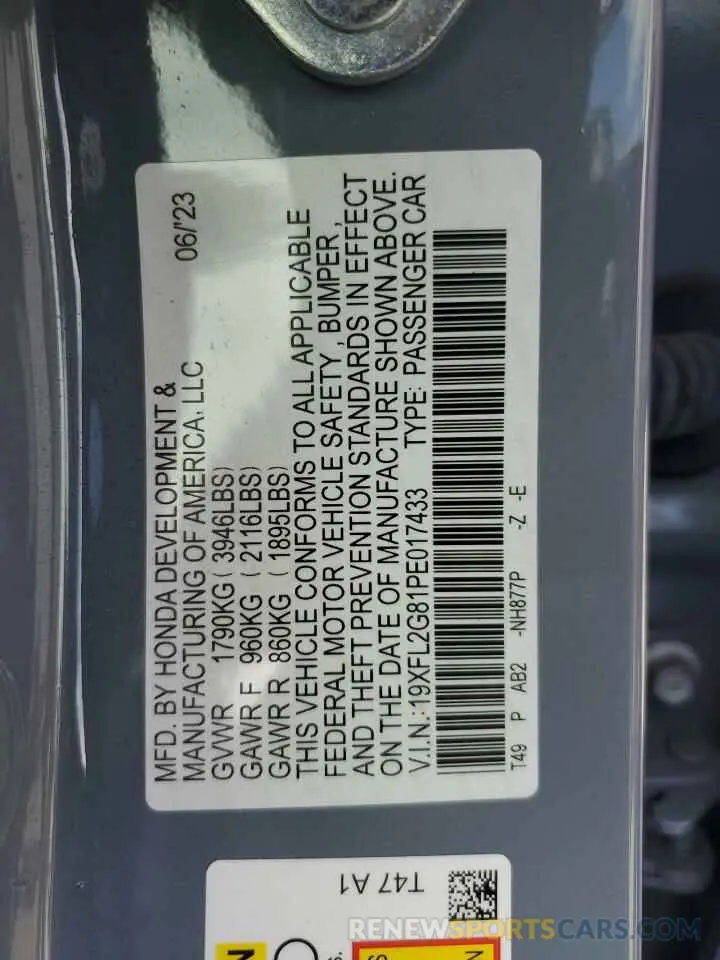 12 fotografías del automóvil dañado 19XFL2G81PE017433 HONDA CIVIC 2023