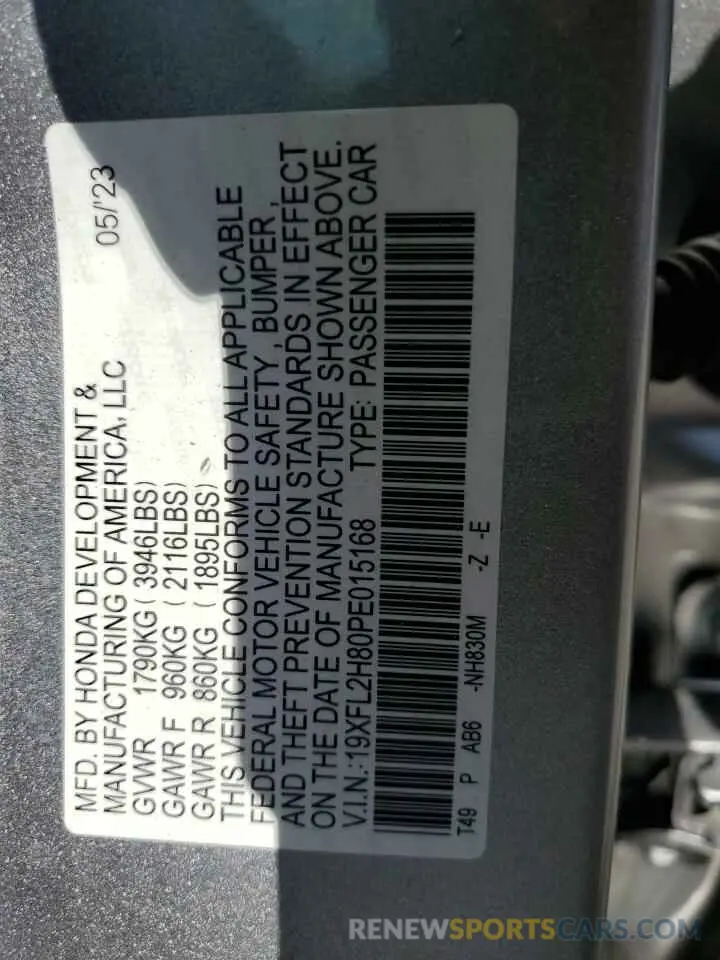 13 fotografías del automóvil dañado 19XFL2H80PE015168 HONDA CIVIC 2023