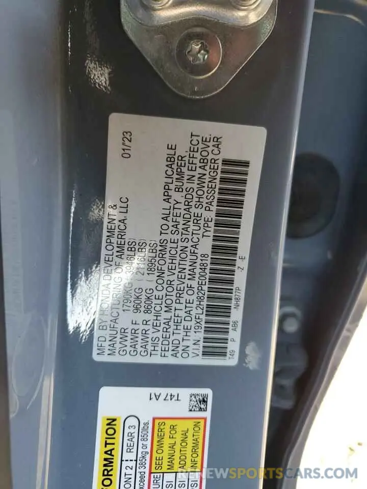 14 fotografías del automóvil dañado 19XFL2H82PE004818 HONDA CIVIC 2023