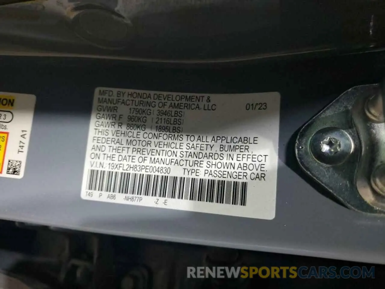 14 fotografías del automóvil dañado 19XFL2H83PE004830 HONDA CIVIC 2023