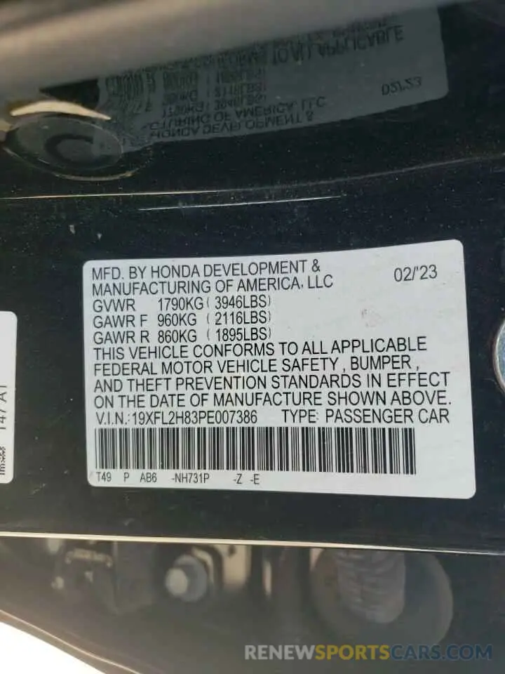 14 fotografías del automóvil dañado 19XFL2H83PE007386 HONDA CIVIC 2023