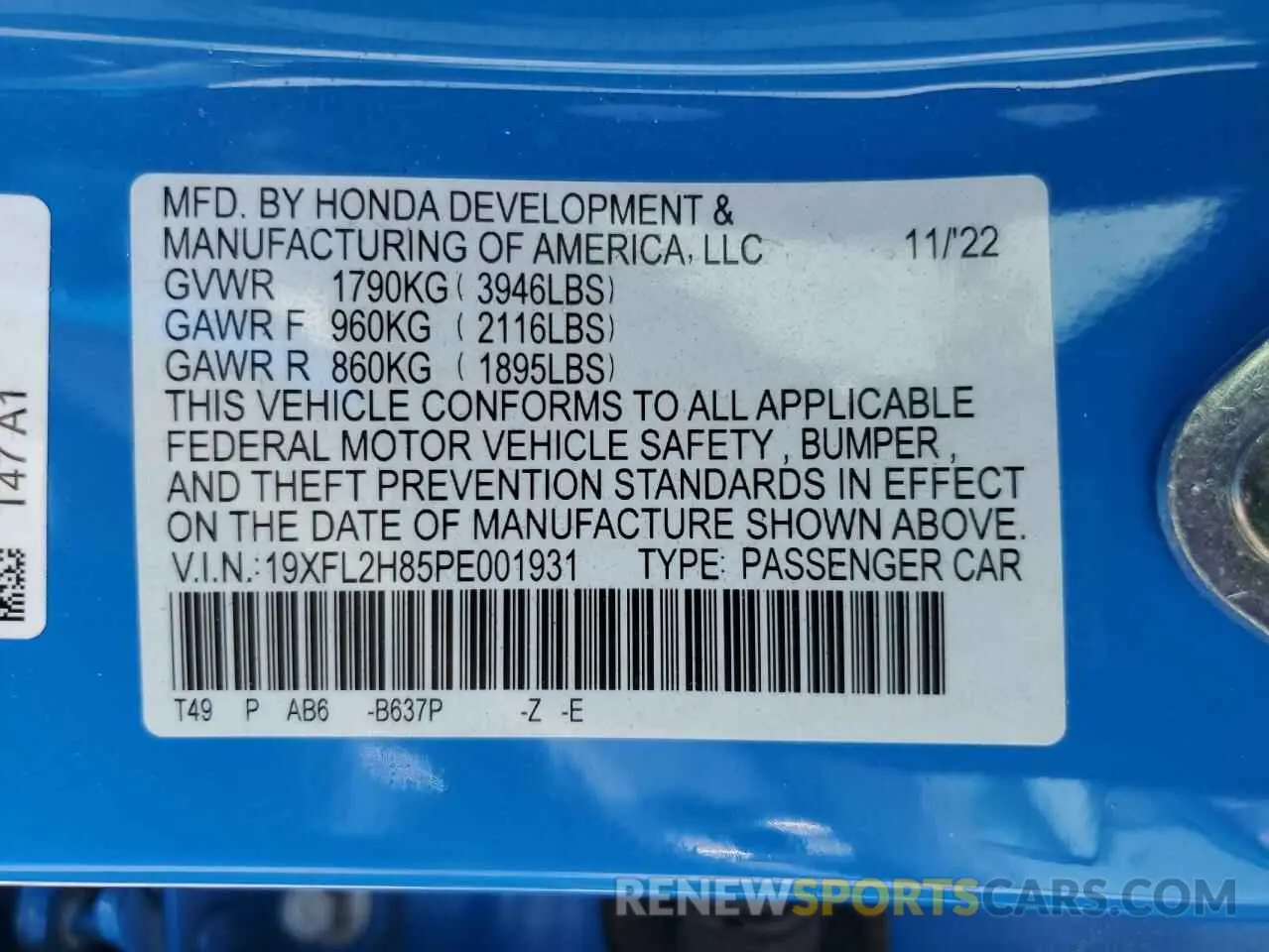 13 fotografías del automóvil dañado 19XFL2H85PE001931 HONDA CIVIC 2023