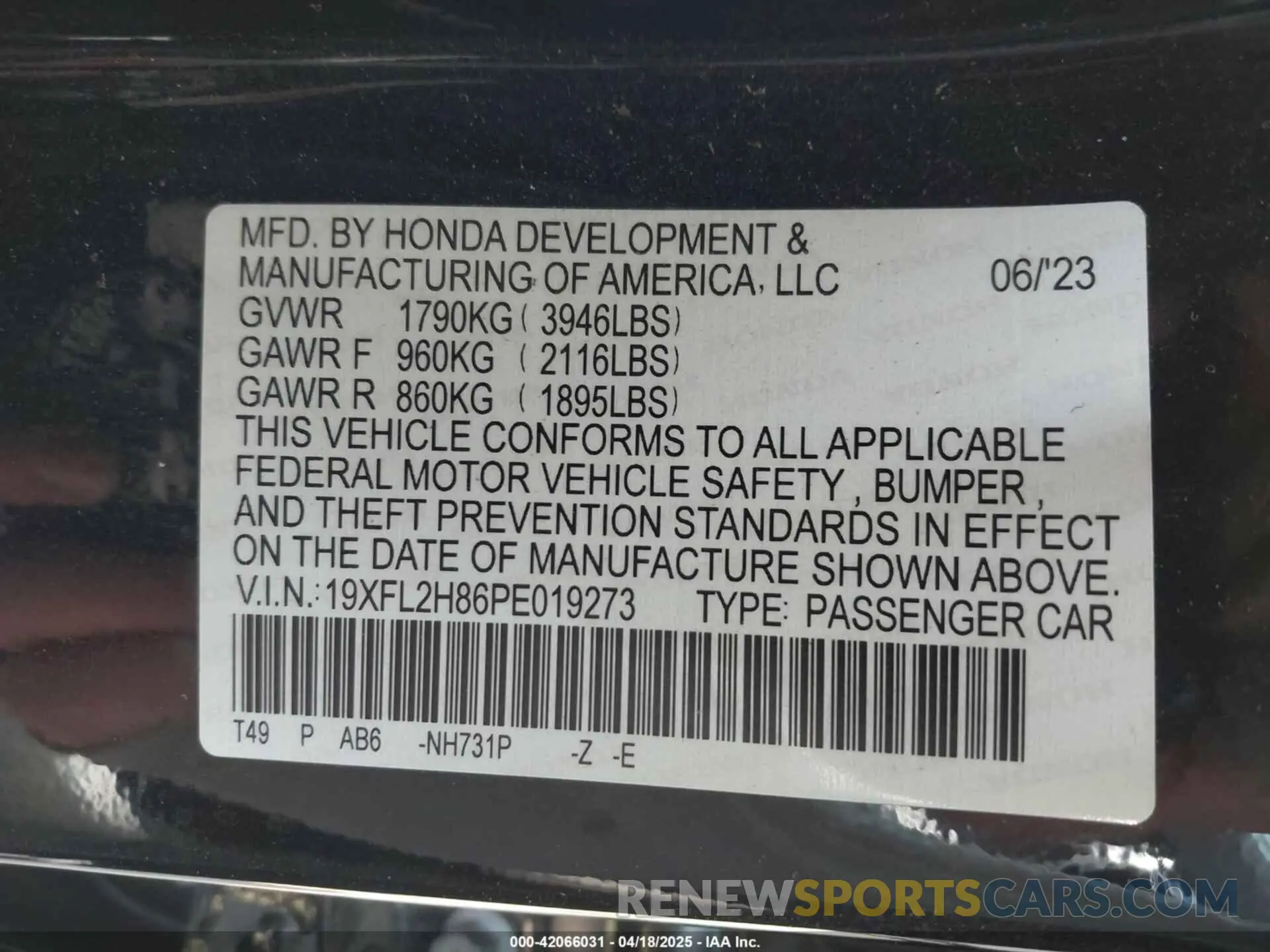 9 fotografías del automóvil dañado 19XFL2H86PE019273 HONDA CIVIC 2023
