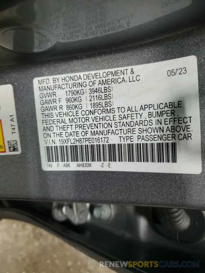 14 fotografías del automóvil dañado 19XFL2H87PE016172 HONDA CIVIC 2023