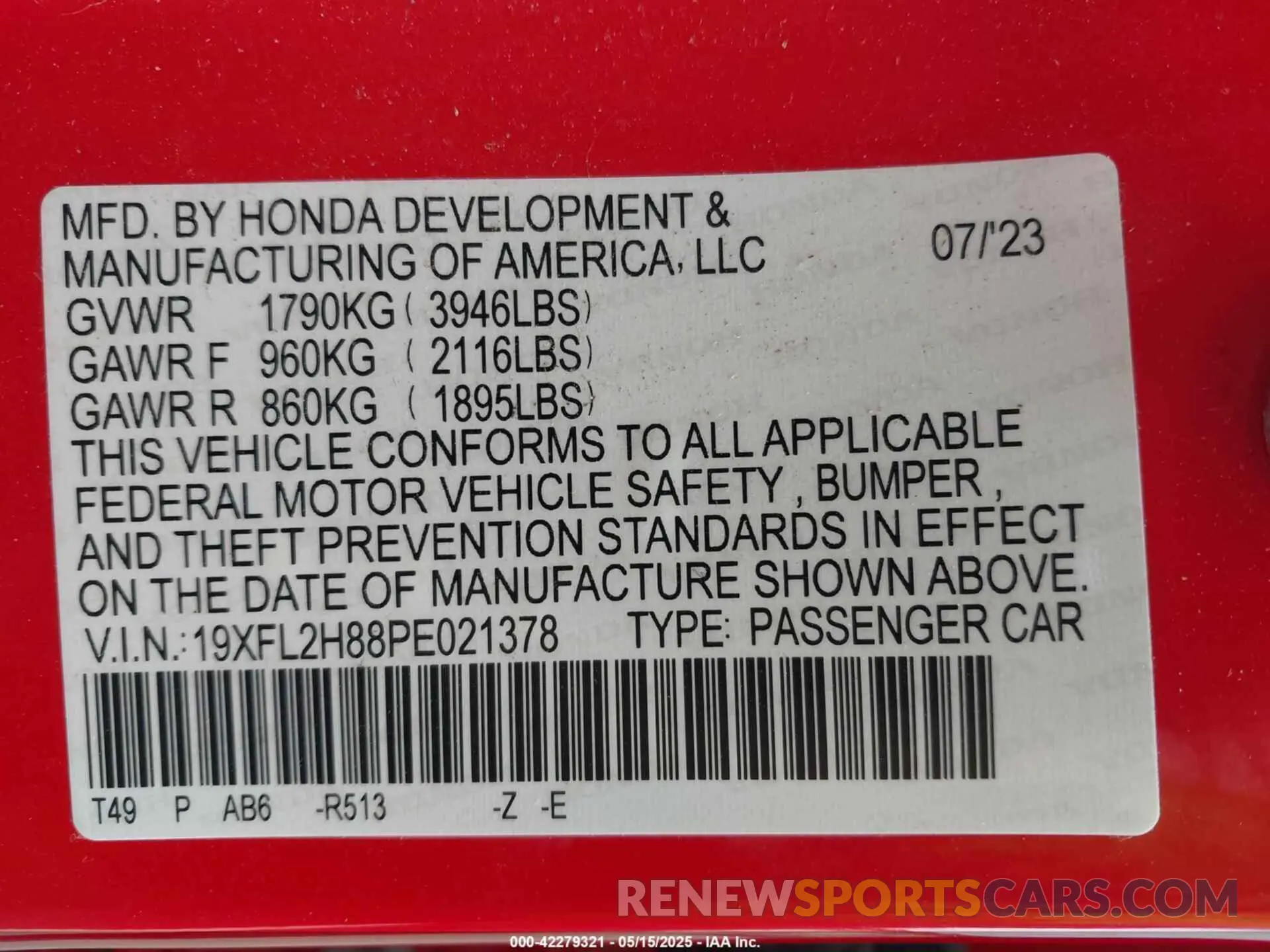 9 fotografías del automóvil dañado 19XFL2H88PE021378 HONDA CIVIC 2023