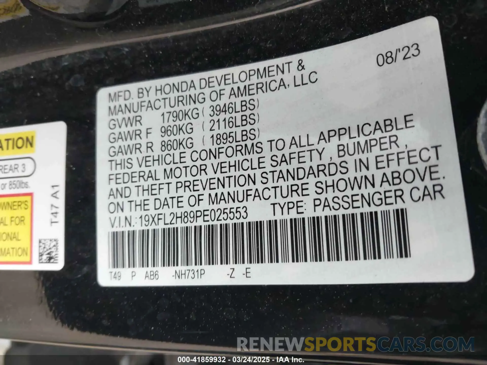 9 fotografías del automóvil dañado 19XFL2H89PE025553 HONDA CIVIC 2023