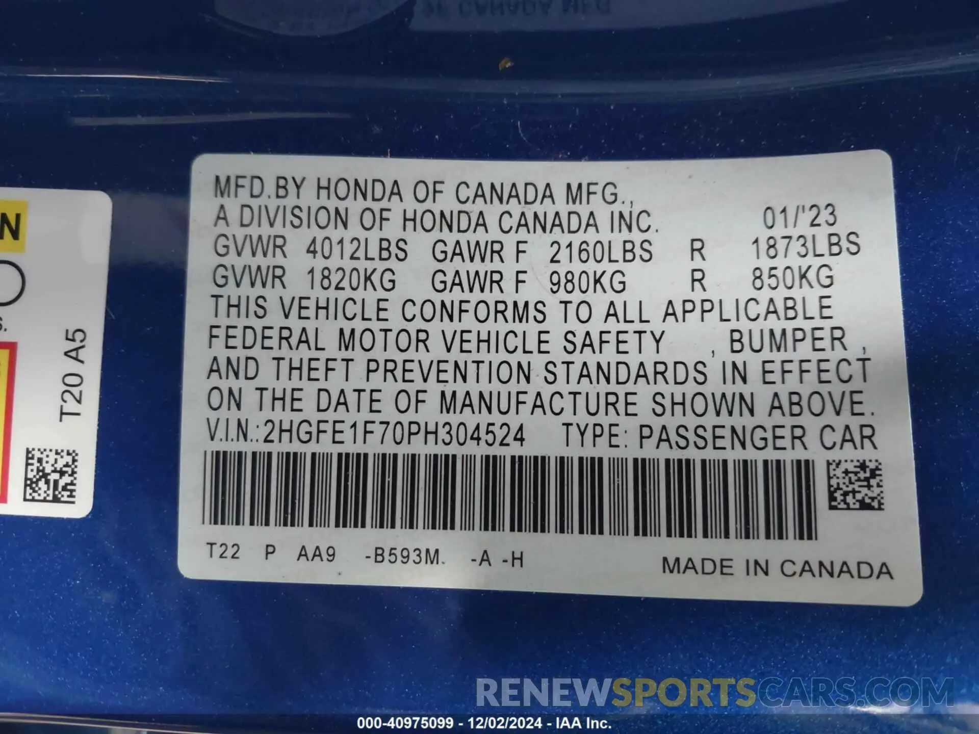9 fotografías del automóvil dañado 2HGFE1F70PH304524 HONDA CIVIC 2023