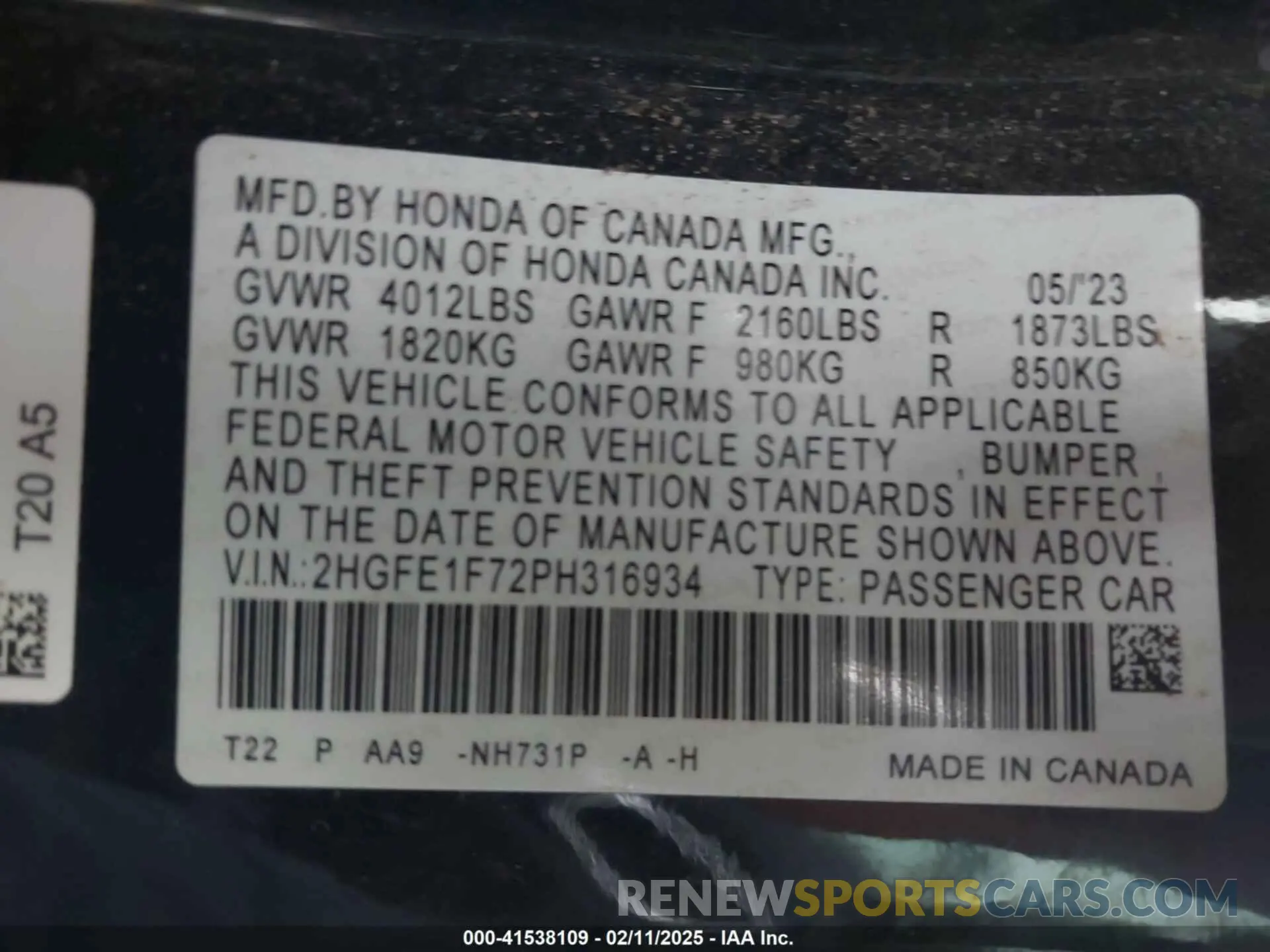 9 fotografías del automóvil dañado 2HGFE1F72PH316934 HONDA CIVIC 2023