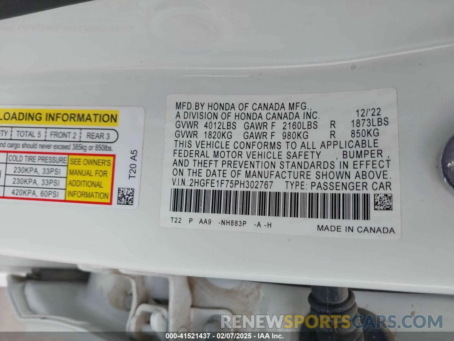 9 fotografías del automóvil dañado 2HGFE1F75PH302767 HONDA CIVIC 2023