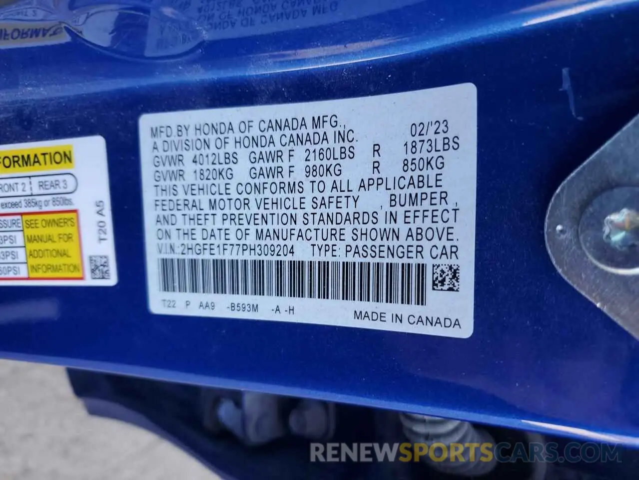 12 fotografías del automóvil dañado 2HGFE1F77PH309204 HONDA CIVIC 2023