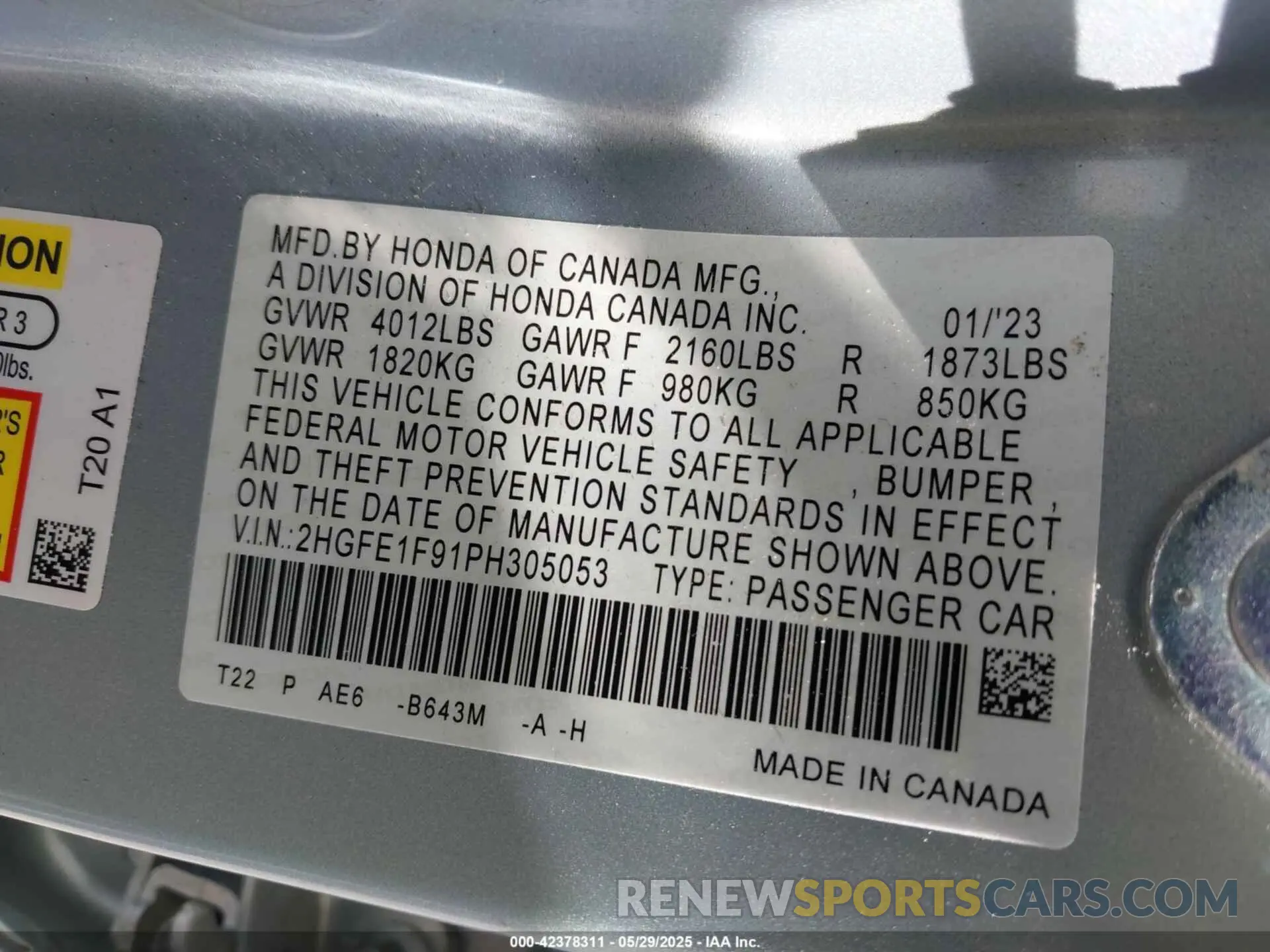 9 fotografías del automóvil dañado 2HGFE1F91PH305053 HONDA CIVIC 2023