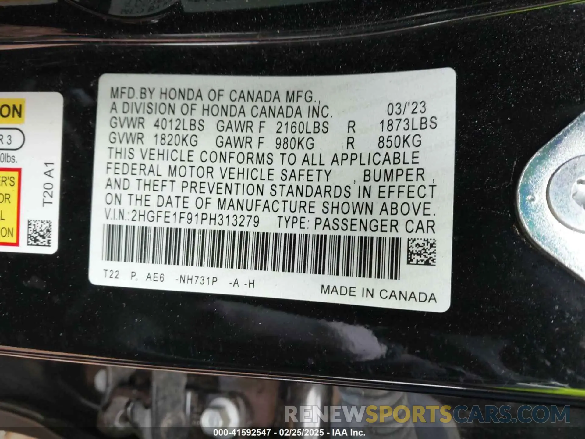9 fotografías del automóvil dañado 2HGFE1F91PH313279 HONDA CIVIC 2023