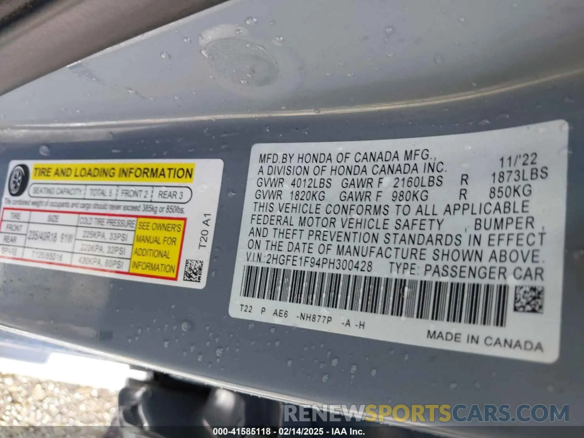 9 fotografías del automóvil dañado 2HGFE1F94PH300428 HONDA CIVIC 2023