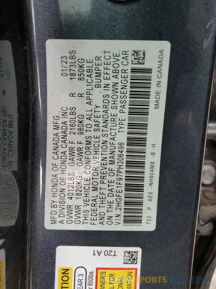 12 fotografías del automóvil dañado 2HGFE1F97PH306496 HONDA CIVIC 2023