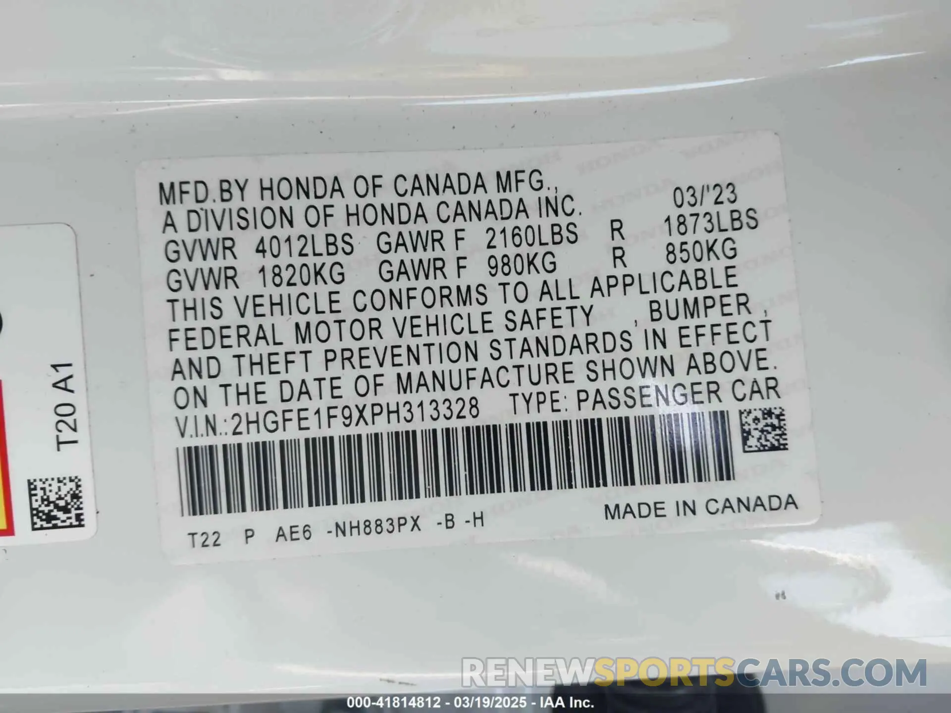 9 fotografías del automóvil dañado 2HGFE1F9XPH313328 HONDA CIVIC 2023