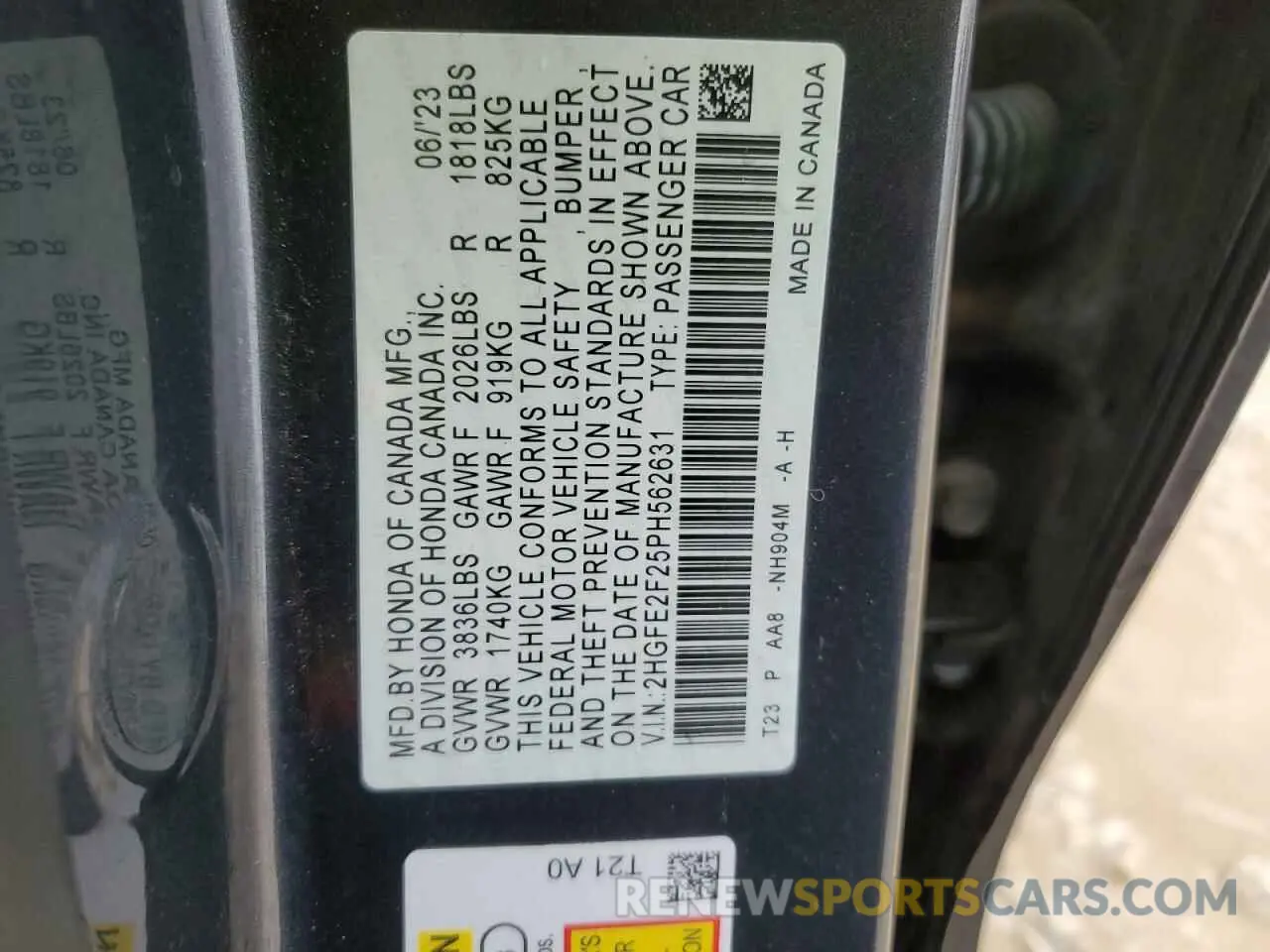 12 fotografías del automóvil dañado 2HGFE2F25PH562631 HONDA CIVIC 2023
