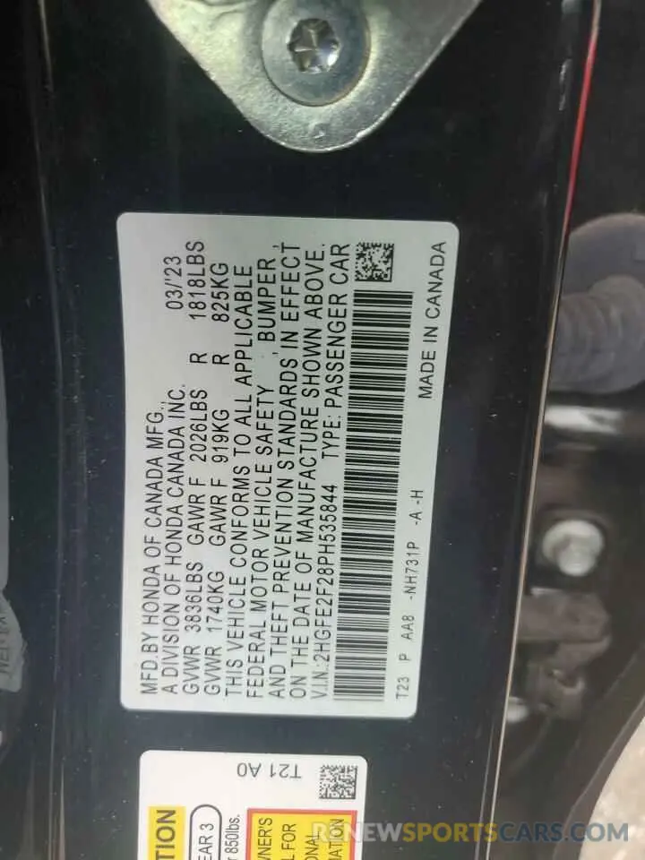 14 fotografías del automóvil dañado 2HGFE2F28PH535844 HONDA CIVIC 2023