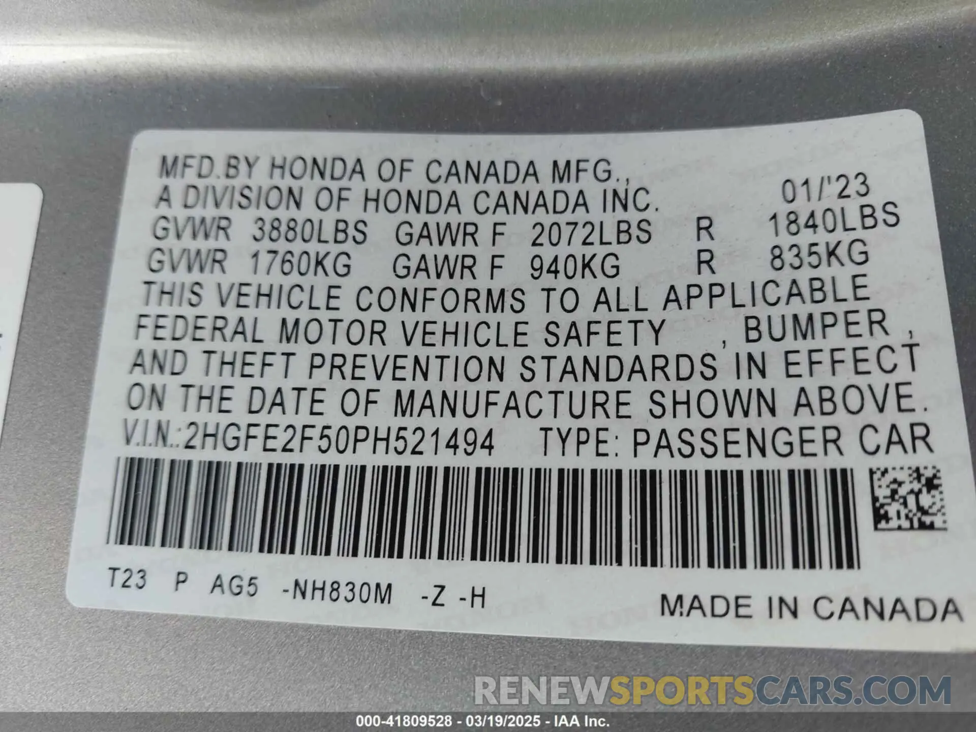 9 fotografías del automóvil dañado 2HGFE2F50PH521494 HONDA CIVIC 2023