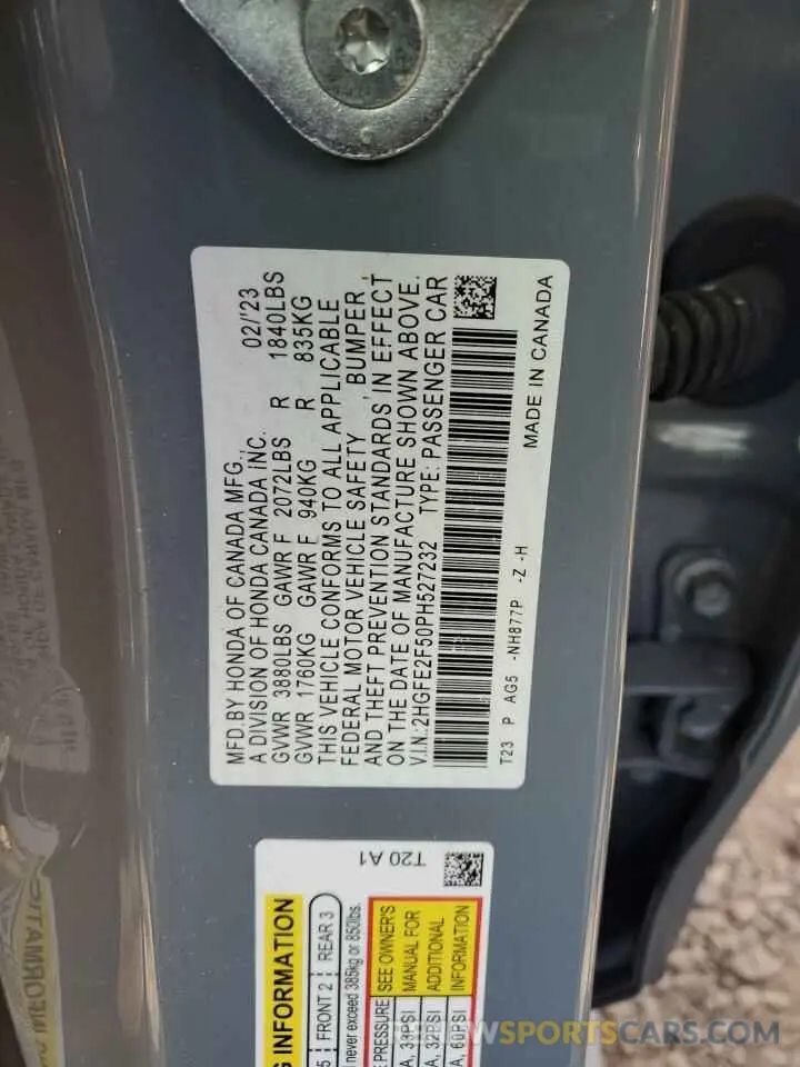 12 fotografías del automóvil dañado 2HGFE2F50PH527232 HONDA CIVIC 2023