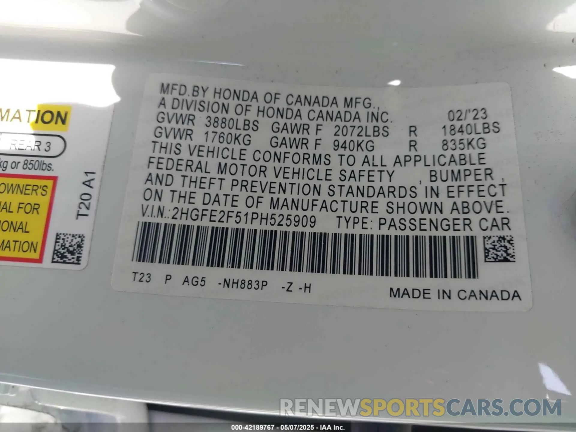 9 fotografías del automóvil dañado 2HGFE2F51PH525909 HONDA CIVIC 2023