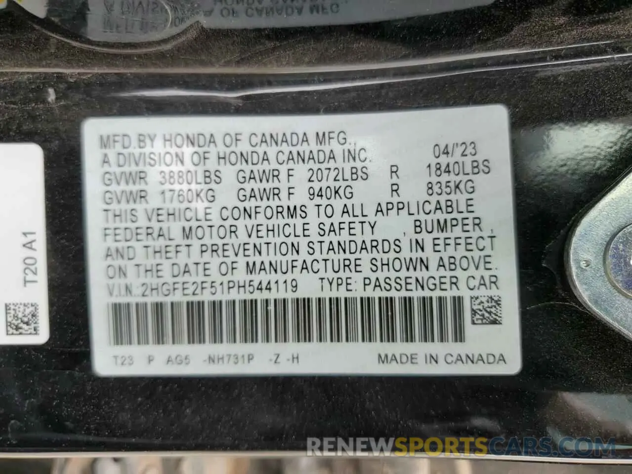12 fotografías del automóvil dañado 2HGFE2F51PH544119 HONDA CIVIC 2023