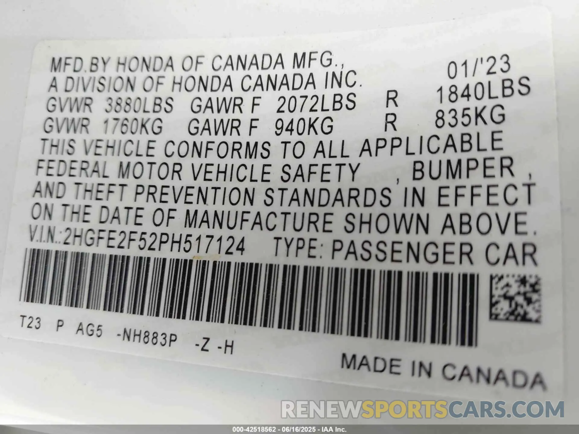 9 fotografías del automóvil dañado 2HGFE2F52PH517124 HONDA CIVIC 2023