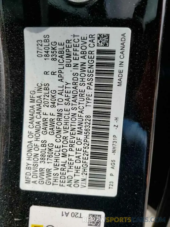 13 fotografías del automóvil dañado 2HGFE2F52PH563228 HONDA CIVIC 2023