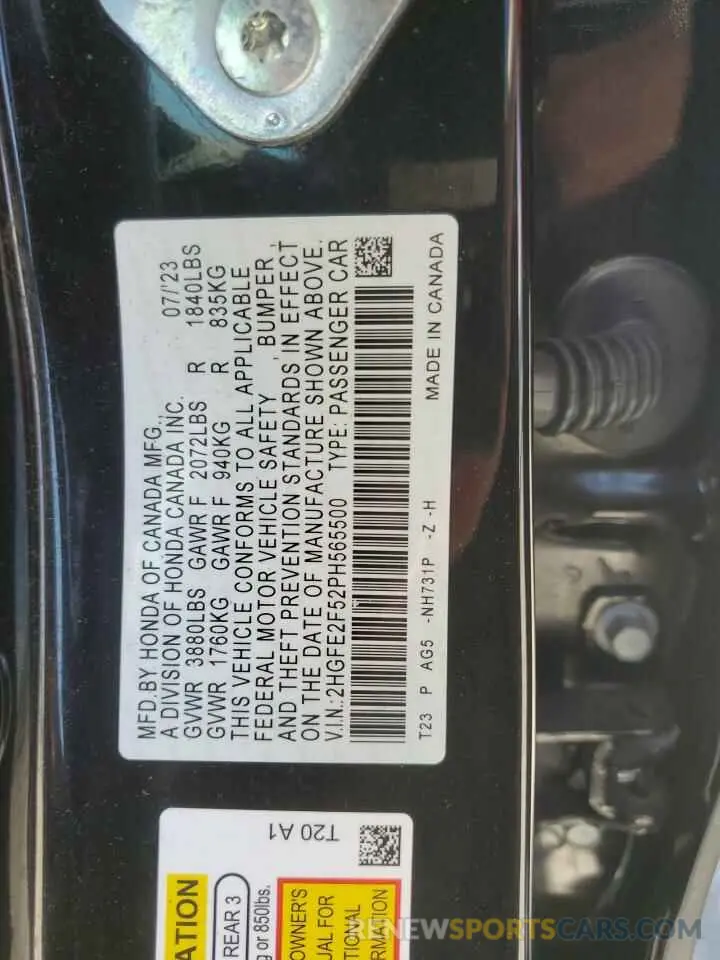 12 fotografías del automóvil dañado 2HGFE2F52PH565500 HONDA CIVIC 2023