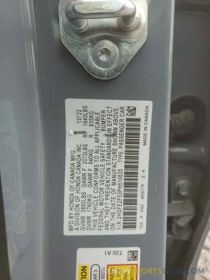 12 fotografías del automóvil dañado 2HGFE2F53PH510635 HONDA CIVIC 2023