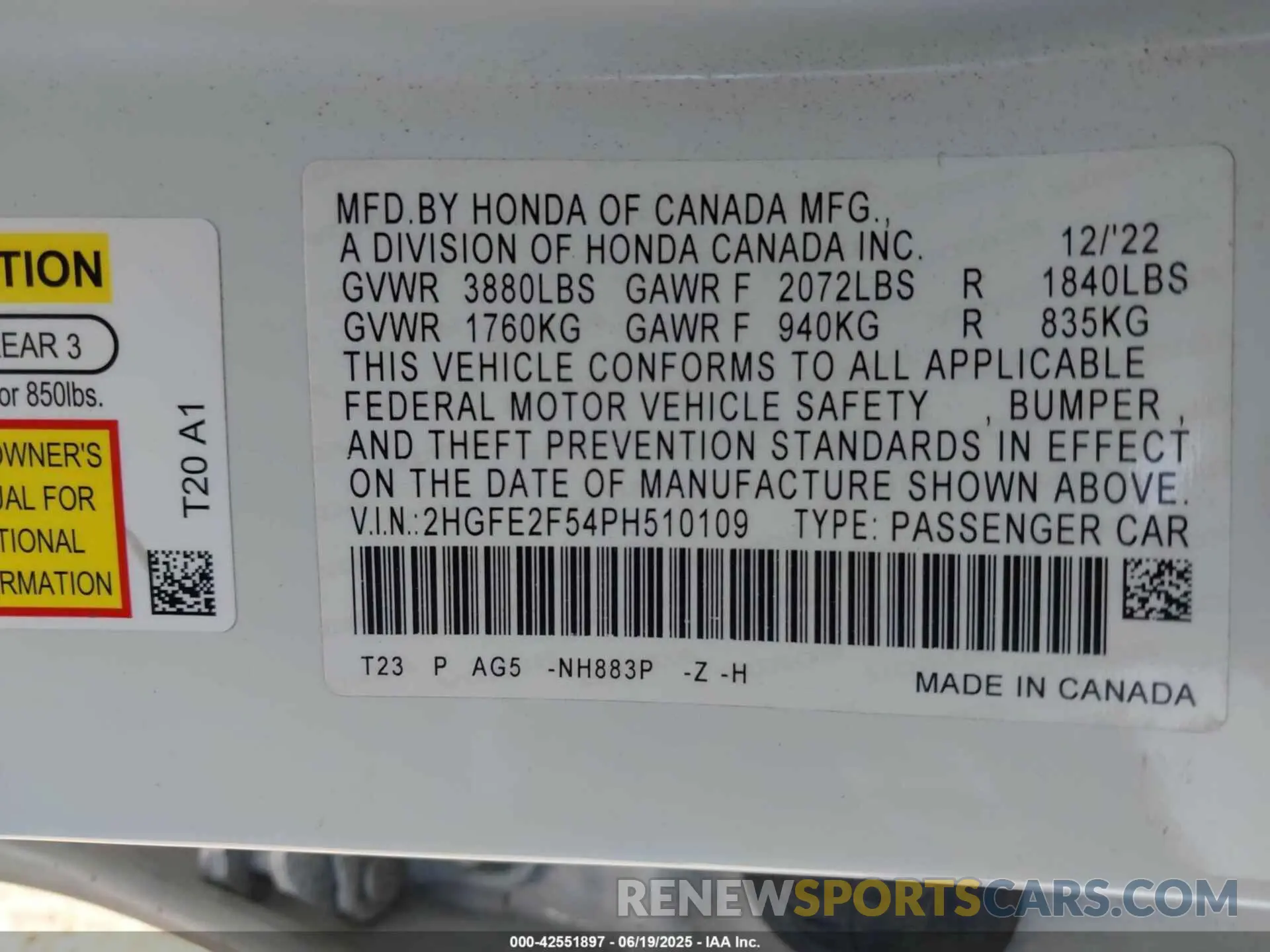 9 fotografías del automóvil dañado 2HGFE2F54PH510109 HONDA CIVIC 2023