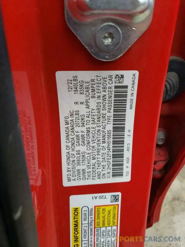 13 fotografías del automóvil dañado 2HGFE2F54PH516685 HONDA CIVIC 2023