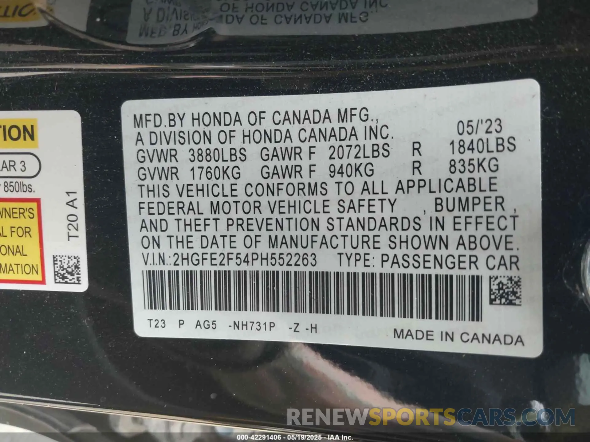 9 fotografías del automóvil dañado 2HGFE2F54PH552263 HONDA CIVIC 2023