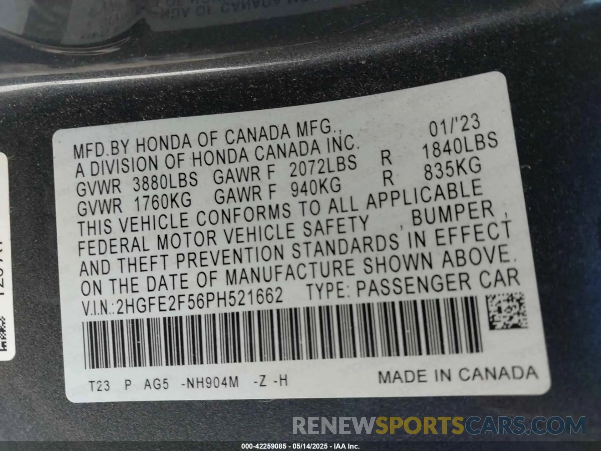 9 fotografías del automóvil dañado 2HGFE2F56PH521662 HONDA CIVIC 2023