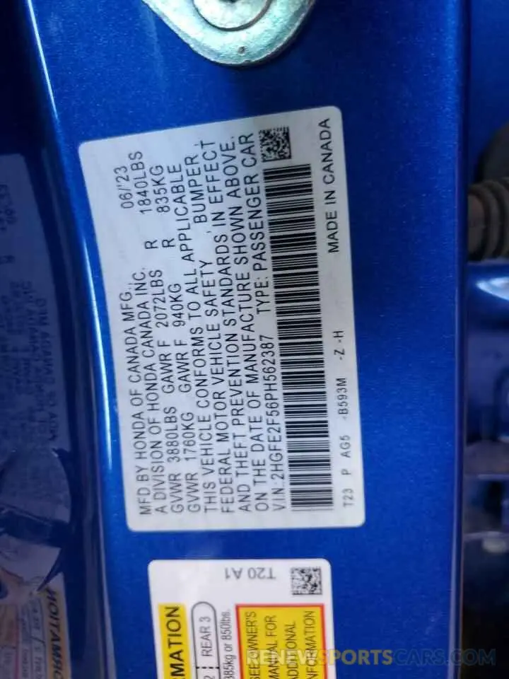 12 fotografías del automóvil dañado 2HGFE2F56PH562387 HONDA CIVIC 2023