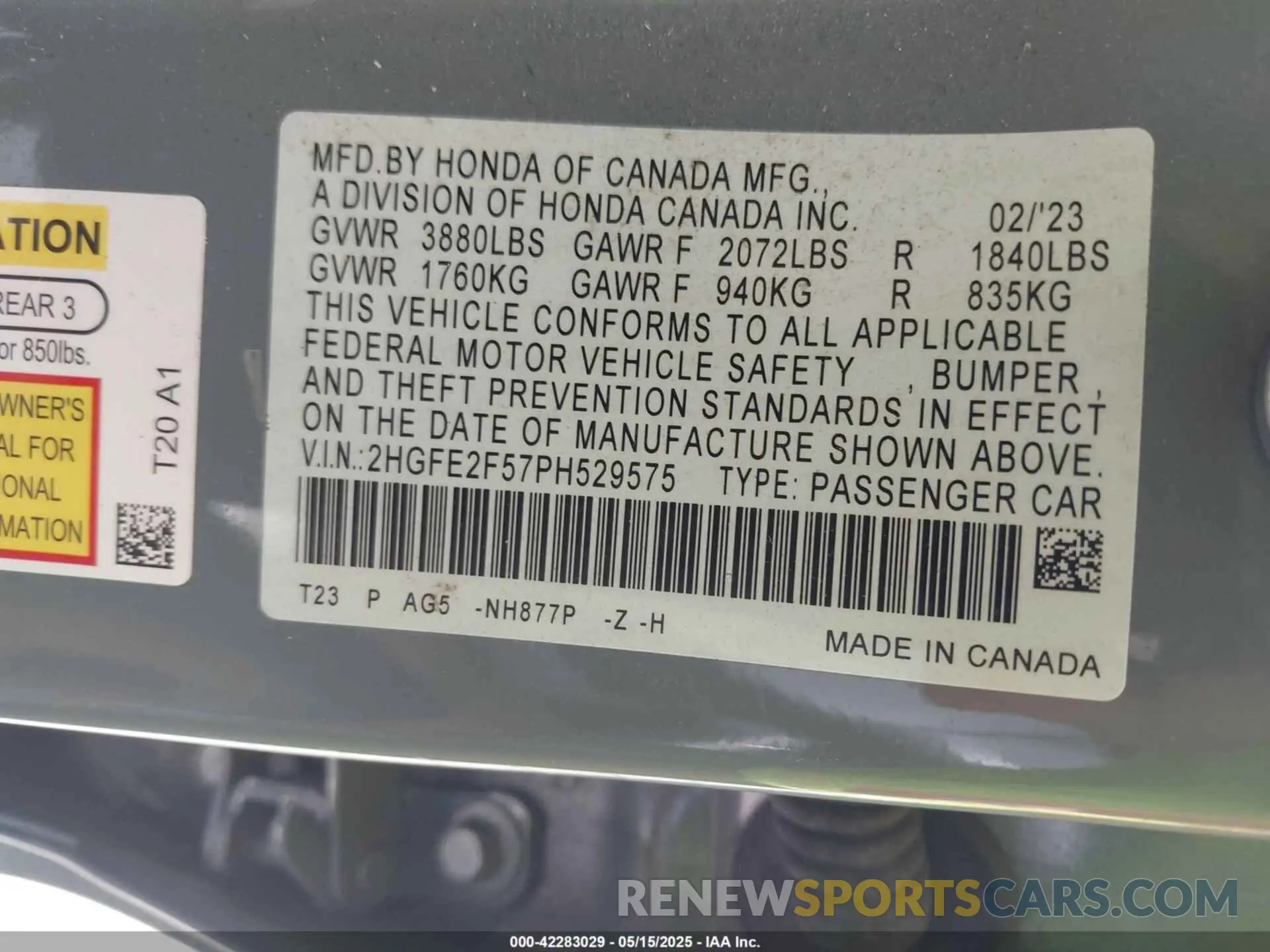 9 fotografías del automóvil dañado 2HGFE2F57PH529575 HONDA CIVIC 2023