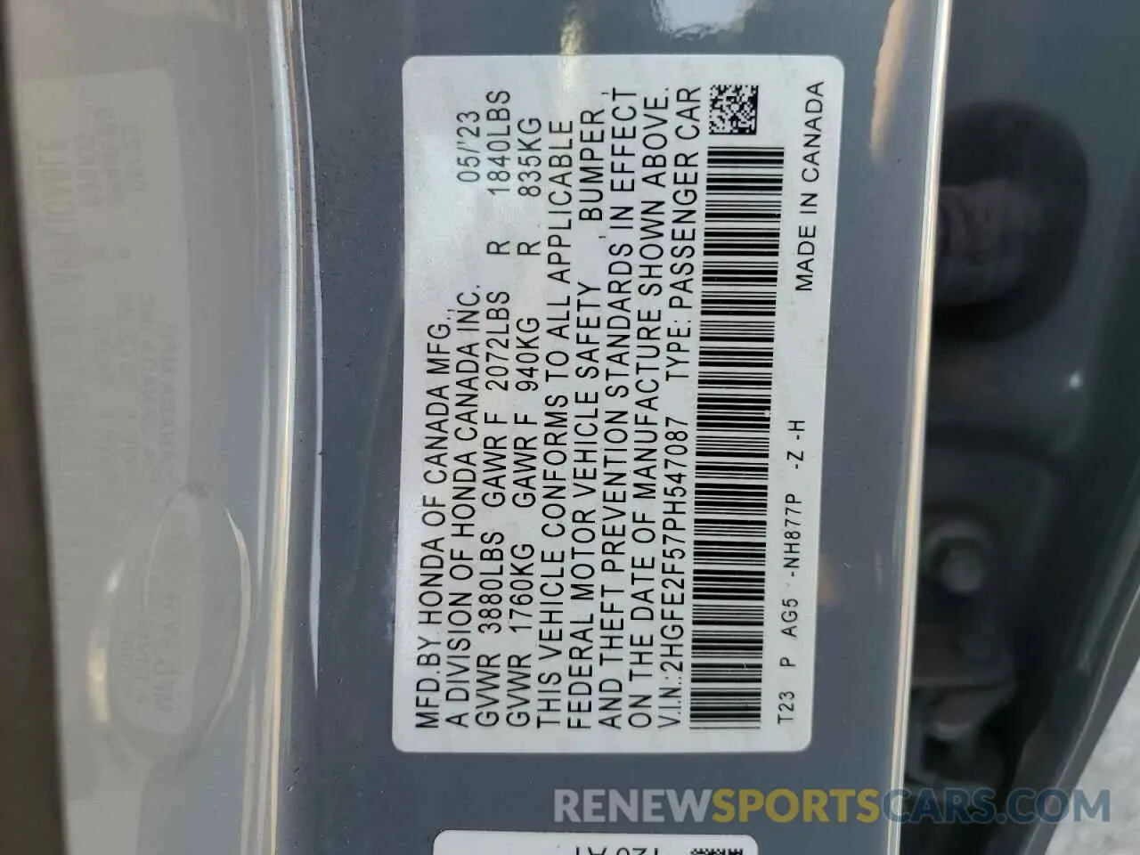 13 fotografías del automóvil dañado 2HGFE2F57PH547087 HONDA CIVIC 2023