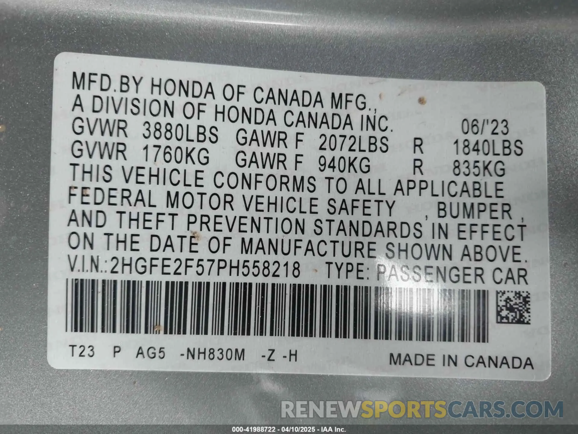 9 fotografías del automóvil dañado 2HGFE2F57PH558218 HONDA CIVIC 2023