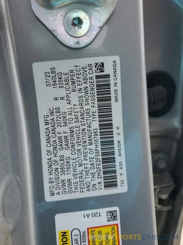 13 fotografías del automóvil dañado 2HGFE2F58PH567963 HONDA CIVIC 2023