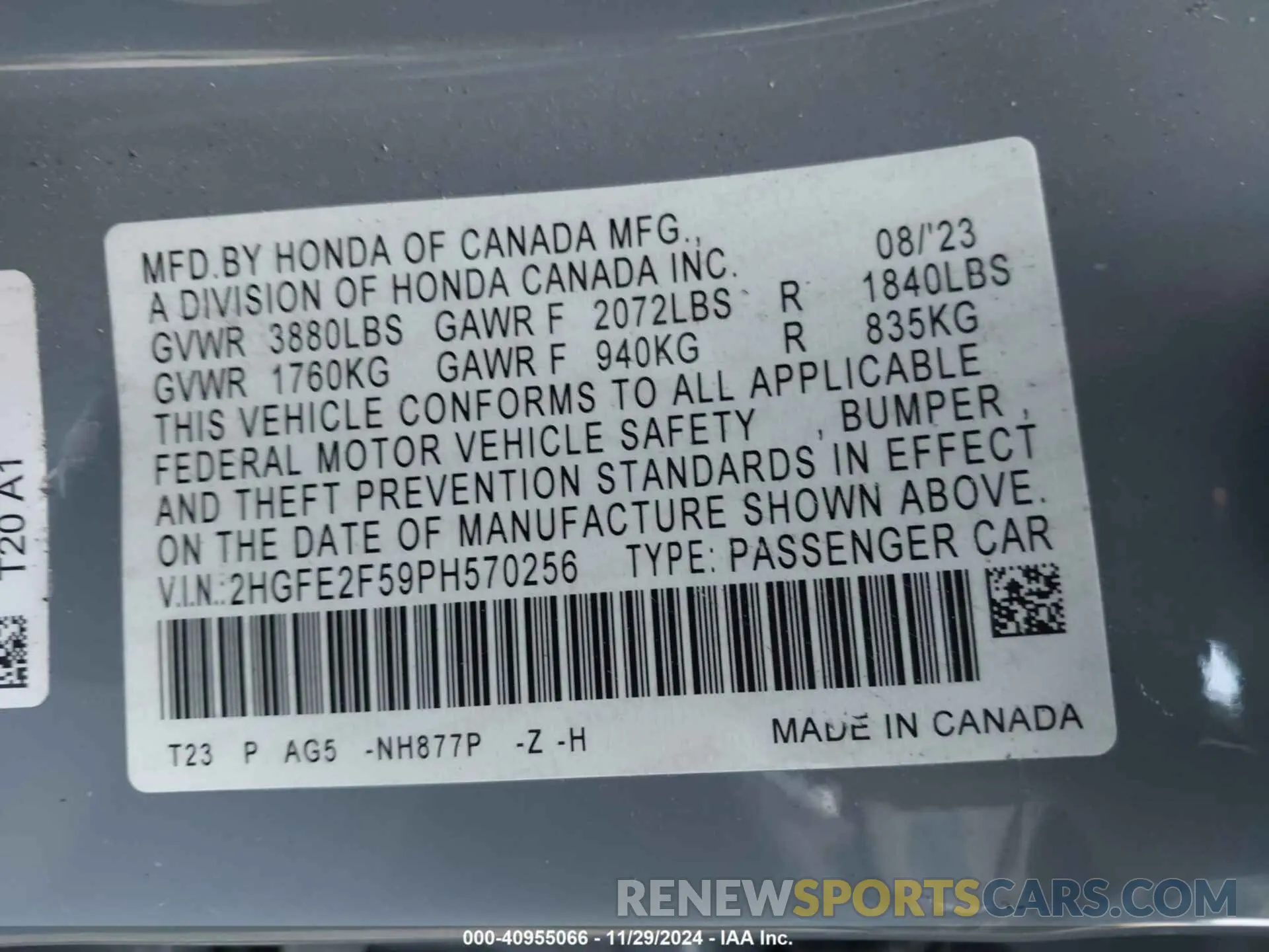 9 fotografías del automóvil dañado 2HGFE2F59PH570256 HONDA CIVIC 2023