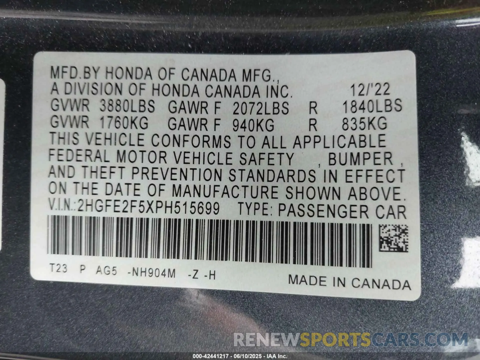 9 fotografías del automóvil dañado 2HGFE2F5XPH515699 HONDA CIVIC 2023