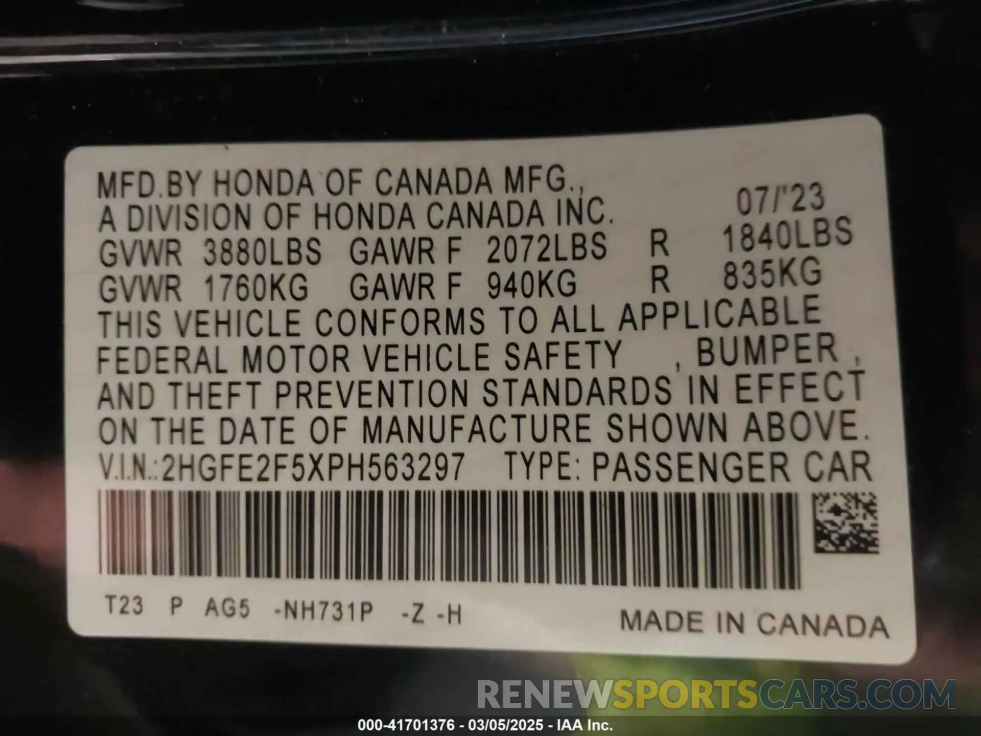 9 fotografías del automóvil dañado 2HGFE2F5XPH563297 HONDA CIVIC 2023