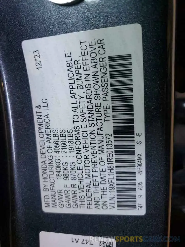 12 fotografías del automóvil dañado 19XFL1H81RE013572 HONDA CIVIC 2024
