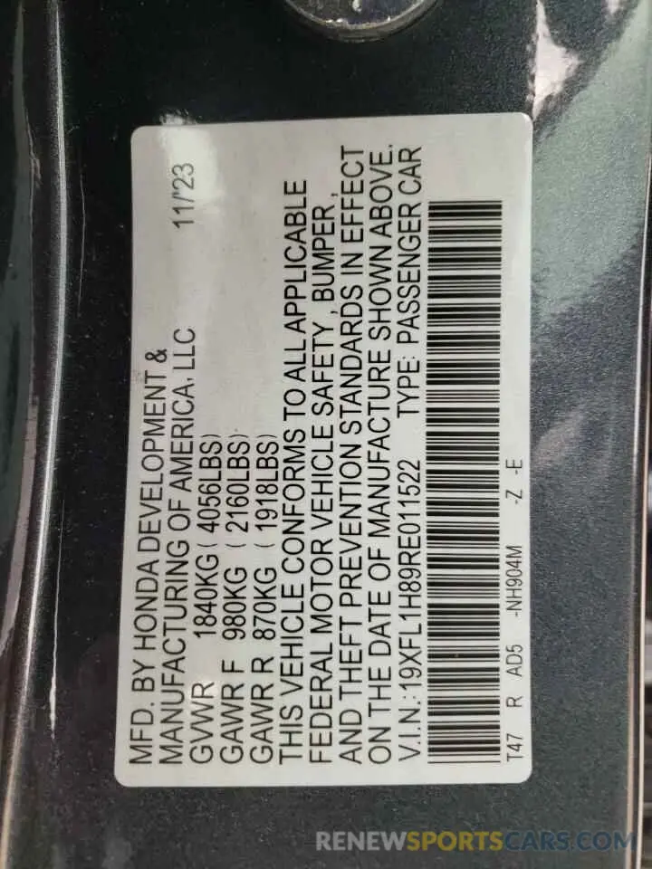 12 fotografías del automóvil dañado 19XFL1H89RE011522 HONDA CIVIC 2024